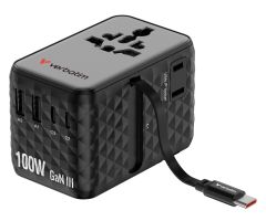 Verbatim Charge 'n' Travel 100W Adapter mit einziehbarem Kabel, schwarz