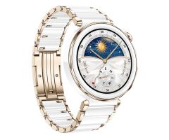 Huawei Watch GT 5 Pro Elegant in Weiß und Gold an, 42 mm