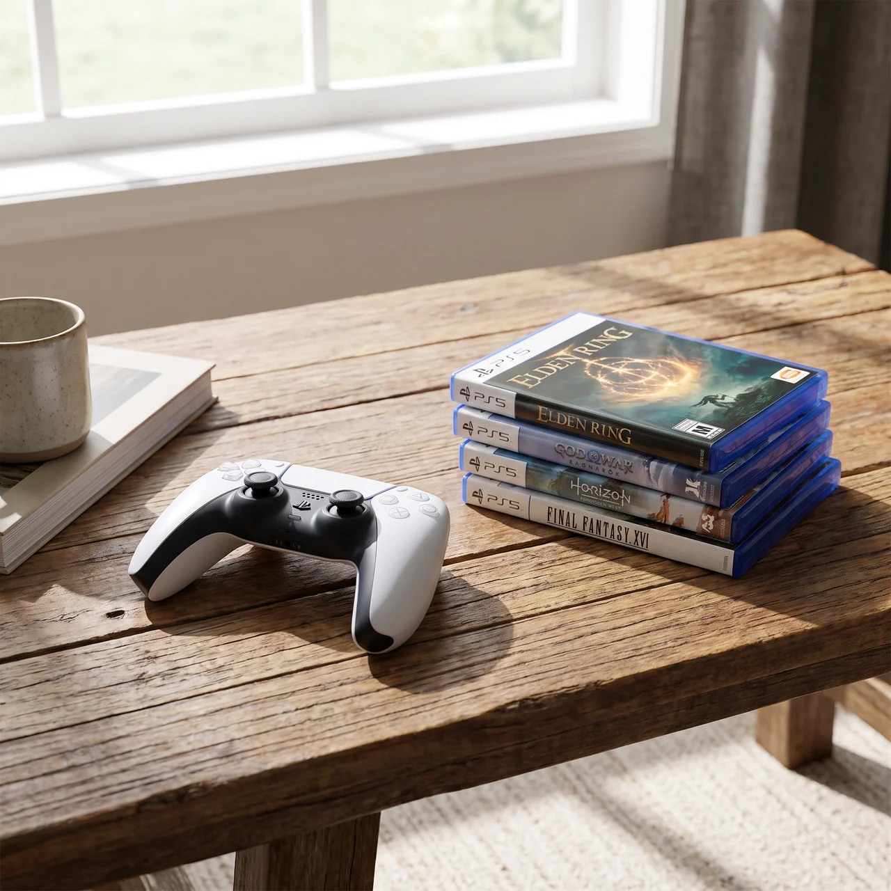 Ein PlayStation-Controller liegt neben gestapelten Spielehüllen auf einem Wohnzimmertisch, während die physische Medien in Form von Disc-Versionen der PlayStation-Spiele bereitliegen. Diese Szene spiegelt die Vorliebe vieler Spieler wider, die sowohl digi