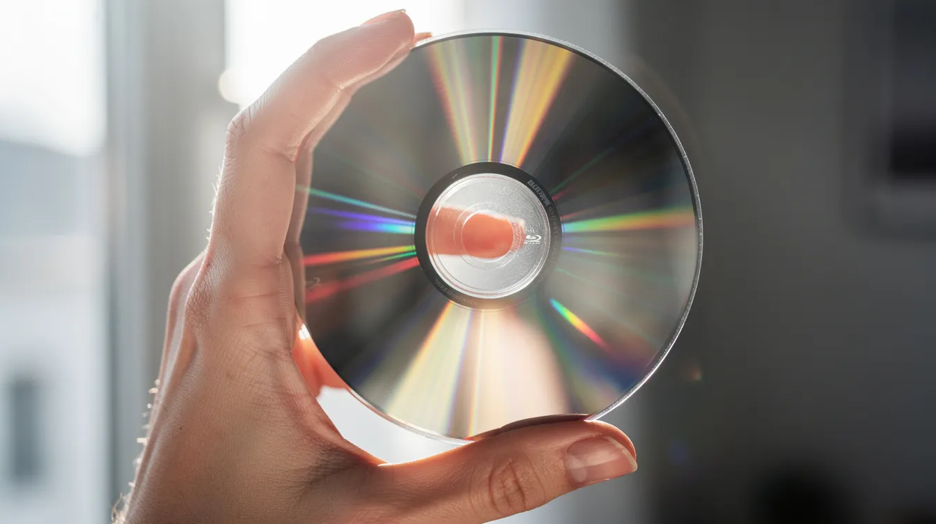 Eine Nahaufnahme zeigt eine Hand, die eine glänzende Blu-Ray-Disc gegen das Licht hält, wodurch das Licht auf der Oberfläche der Disc reflektiert wird. Diese physische Disc könnte ein Titel für die PlayStation 5 oder PlayStation 6 sein, was die Bedeutung